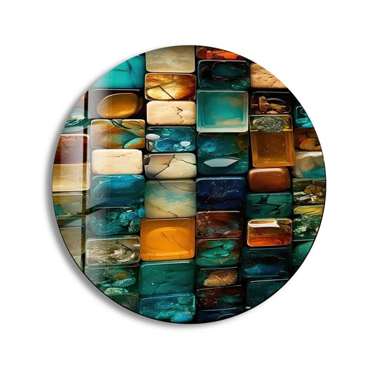 Alternating hues and shapes establish the visual rhythm in this stained round blue stones glass wall art, achieved with precision glass printing on durable tempered glass.