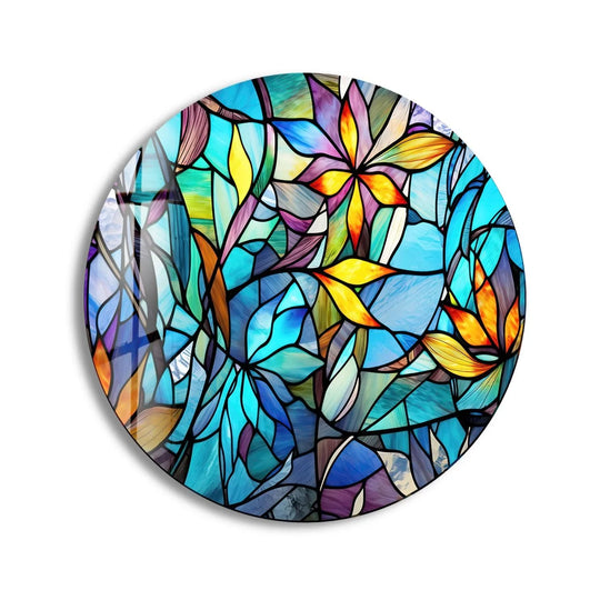 The stillness in the floral stained design creates a calming, beautiful effect on this round tempered glass wall art.