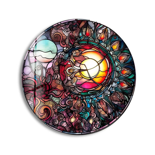 Enchanting stained design round glass wall art evokes a mystical mood with its swirling colors and celestial imagery, perfect for adding unique home decoration.