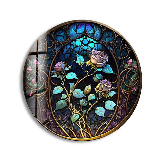 Illuminating the design, the brightest area highlights the enchanting details of this stained round blue rose glass wall artwork.