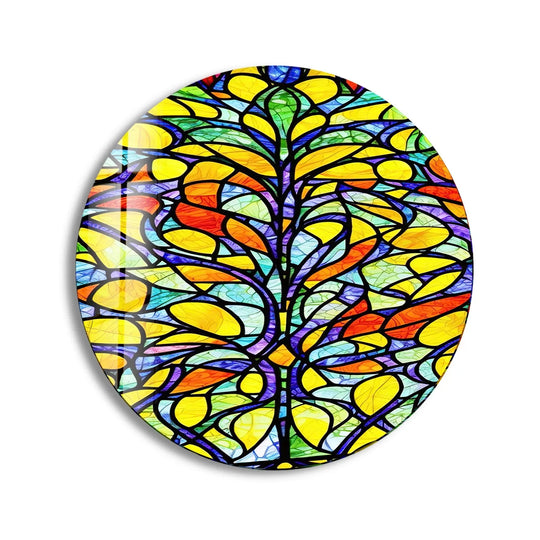 Smoothly shifting hues define the vibrant stained round yellow tree glass art painting, creating a mesmerizing effect in this unique glass wall decor.