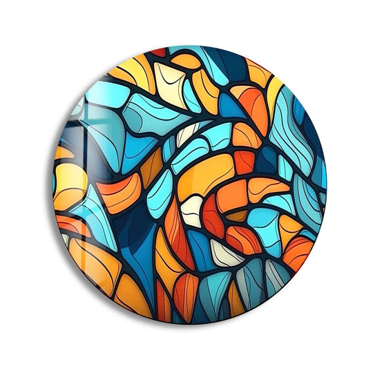 Calm and energetic, the blue and orange mosaic round tempered glass wall art evokes a contemporary mood with its vibrant stained glass design.