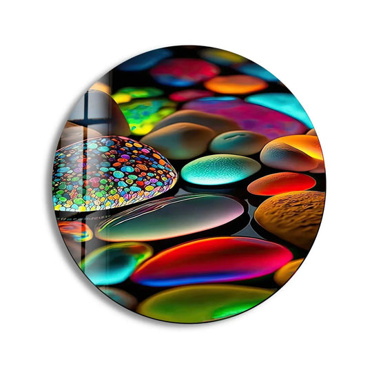 Subtle light and shadow play across the smooth, vibrant stones in this glowy zen spa stones tempered glass wall art, enhancing the colorful reflections.