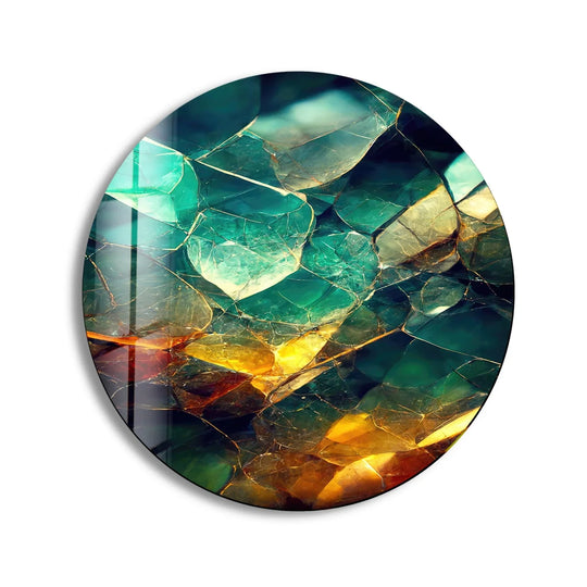 Visual rhythm flows across this round stained glass wall artwork, featuring emerald and gold shards separated by dark lines, creating an intriguing circular design.