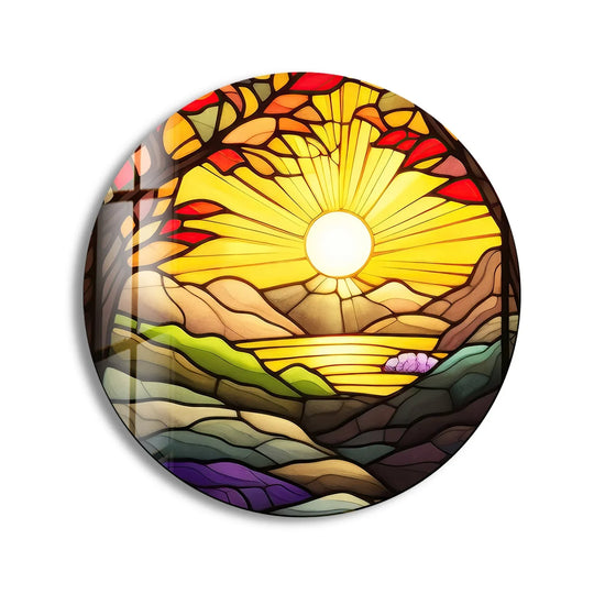High color saturation enhances the sunrise stained round glass wall art, turning its vivid landscape into a brilliant piece of decorative wall art.