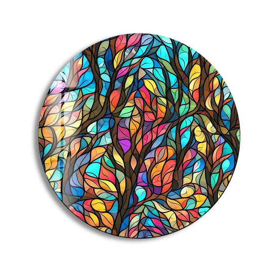 Circular stained leaves glass wall art is a horizontal print wall art piece, featuring colorful leaves and a unique design.