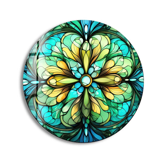 Textured surface of this round glass art painting features a stained big green flower with a gloss finish.