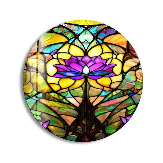 Finished with a smooth, reflective sheen, this round, stained purple lotus glass wall art resembles high-quality wall prints, giving it a vibrant and eye-catching look.