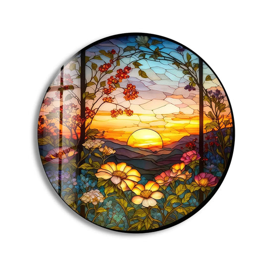 Foreground flowers frame the vibrant sunset in this natural motifs stained round glass wall art, adding an artistic touch to your home decoration.