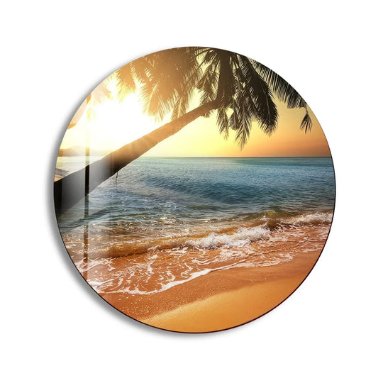 Layering of tropical sunset colors in round glass art enhances the scene, creating depth within this beach-inspired glass art wall decor.