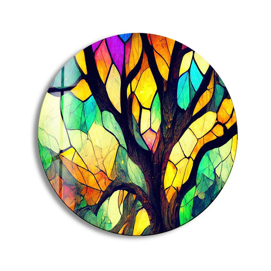 The reflective finish of this stained round glass wall art highlights the intricate leading as it showcases abstract glass printing in brown and yellow tones.