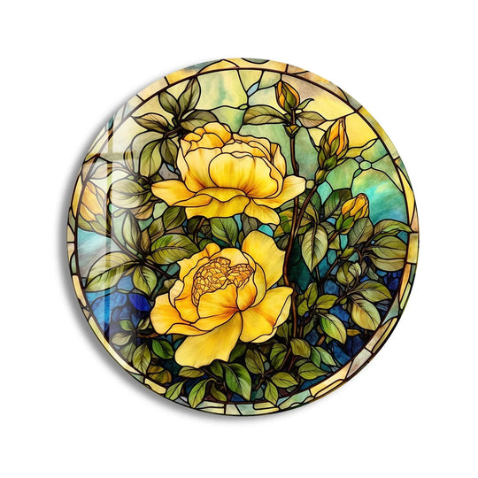 The darkest area highlights the intricate details of the stained round yellow rose glass printing, enhancing the vivid colors of the glass wall art.