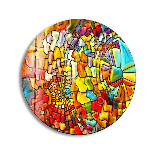 The central subject showcases the Stained Round Colored Stones glass wall art with colorful fragments creating a unique hanging wall art piece.