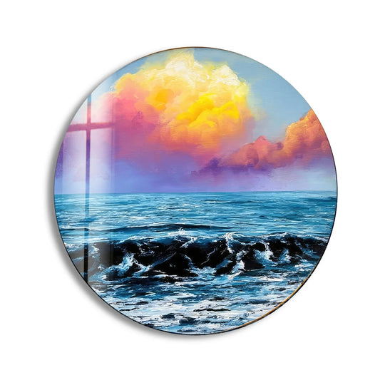 Round glass wall art sunset view and waves art with yellow and blue colors offers ocean serenity decor and adds inspiration to any room
