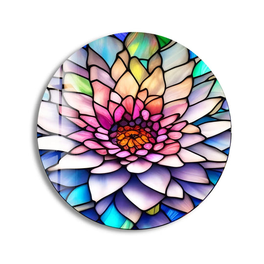 Showcasing the layering effect of art from glass, this round flower wall art presents a stained look with detailed pink petals in a visually captivating, circular design.