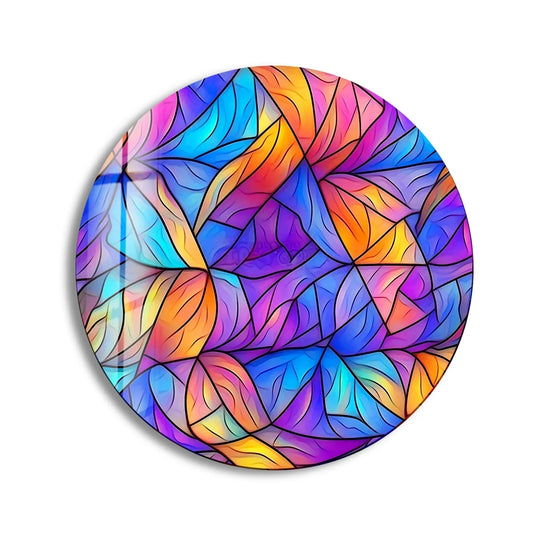 Highlighting the glossy edge, this stained round glass art features vibrant blue and purple hues encased within sleek, contrasting borders.