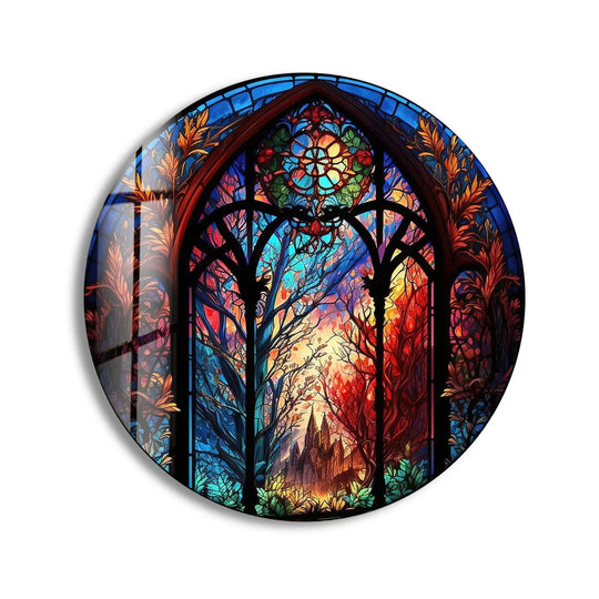 Interplaying light and shadow enhance the enchanting forest scene within this stained glass wall art, creating a mystical array of colorful wall prints.