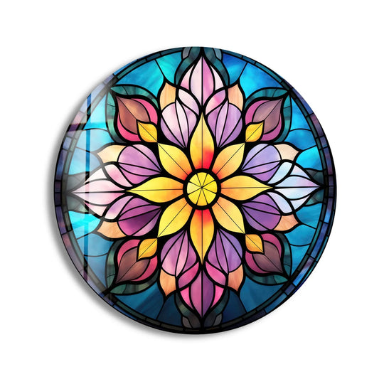 Negative space outlines the vibrant stained yellow and purple flower-like design, showcasing the best glass art technique in this round glass wall art piece.