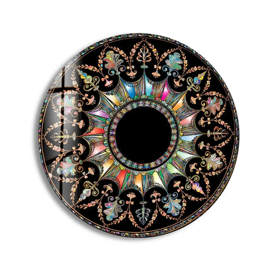 Set against a solid black background, this black mandala round glass wall art features vibrant floral and geometric patterns, providing a striking glass wall art decor contrast.