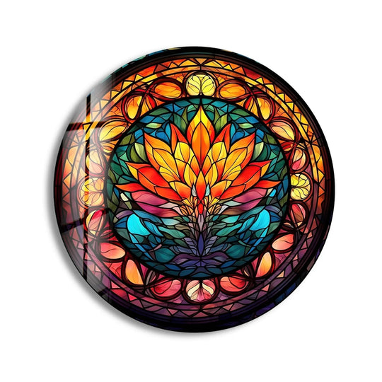 Expertly crafted art from glass showcases the radiant, stained round orange lotus design of this premium glass wall art.