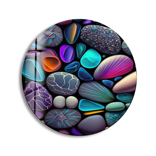Horizontal round showcases colored zen spa stones as glass wall artwork in an array of mesmerizing colors and shapes.