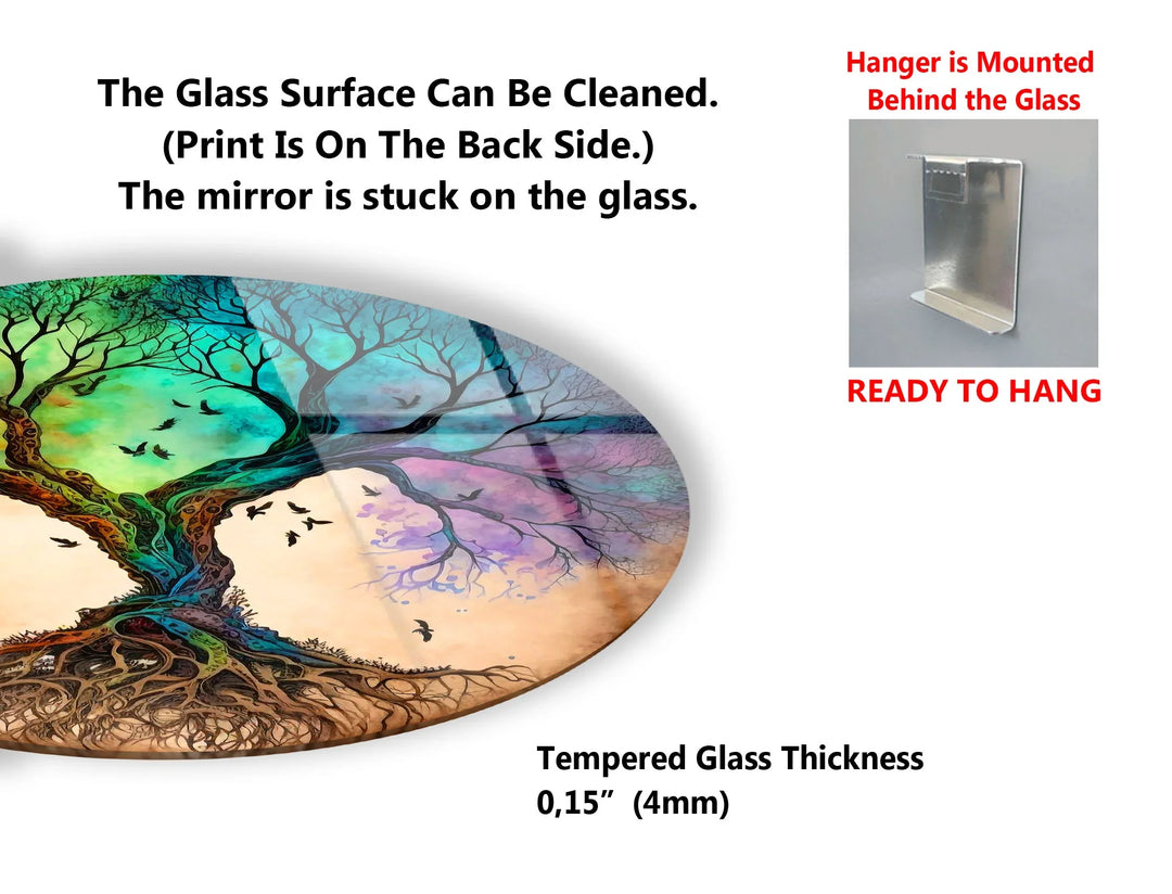 Dual Tree of Life Wall Art – Colorful Round Glass Print with Roots and Birds for Modern Home Decor - MyPhotoStation