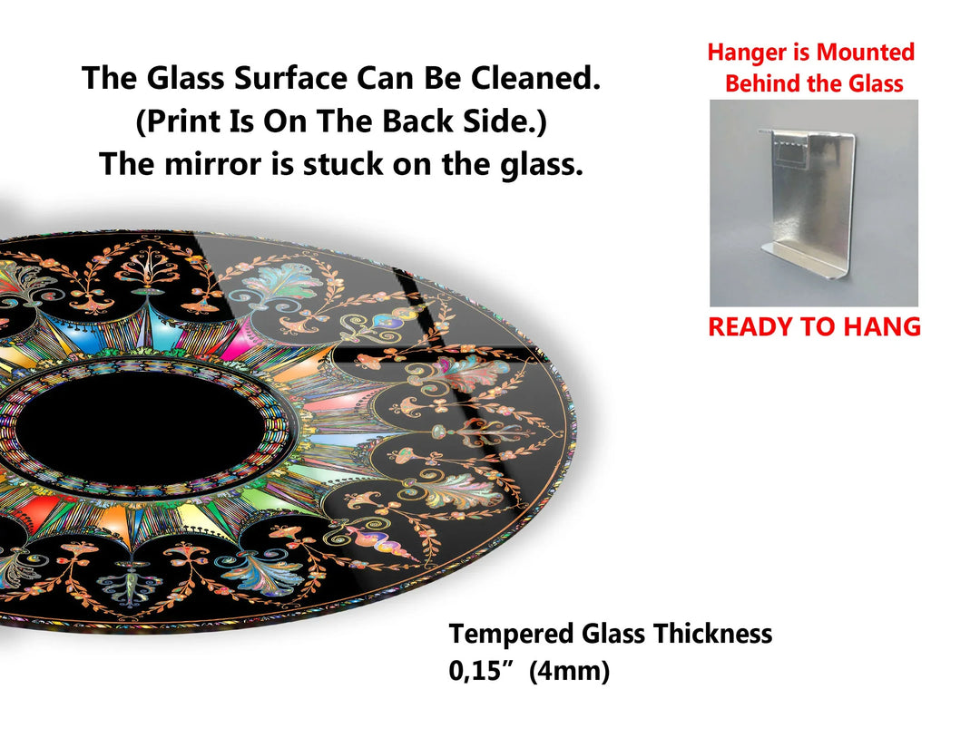 Mandala Round Wall Art – Ornate Colorful Glass Print with Black Background for Luxe Boho or Modern Decor - MyPhotoStation