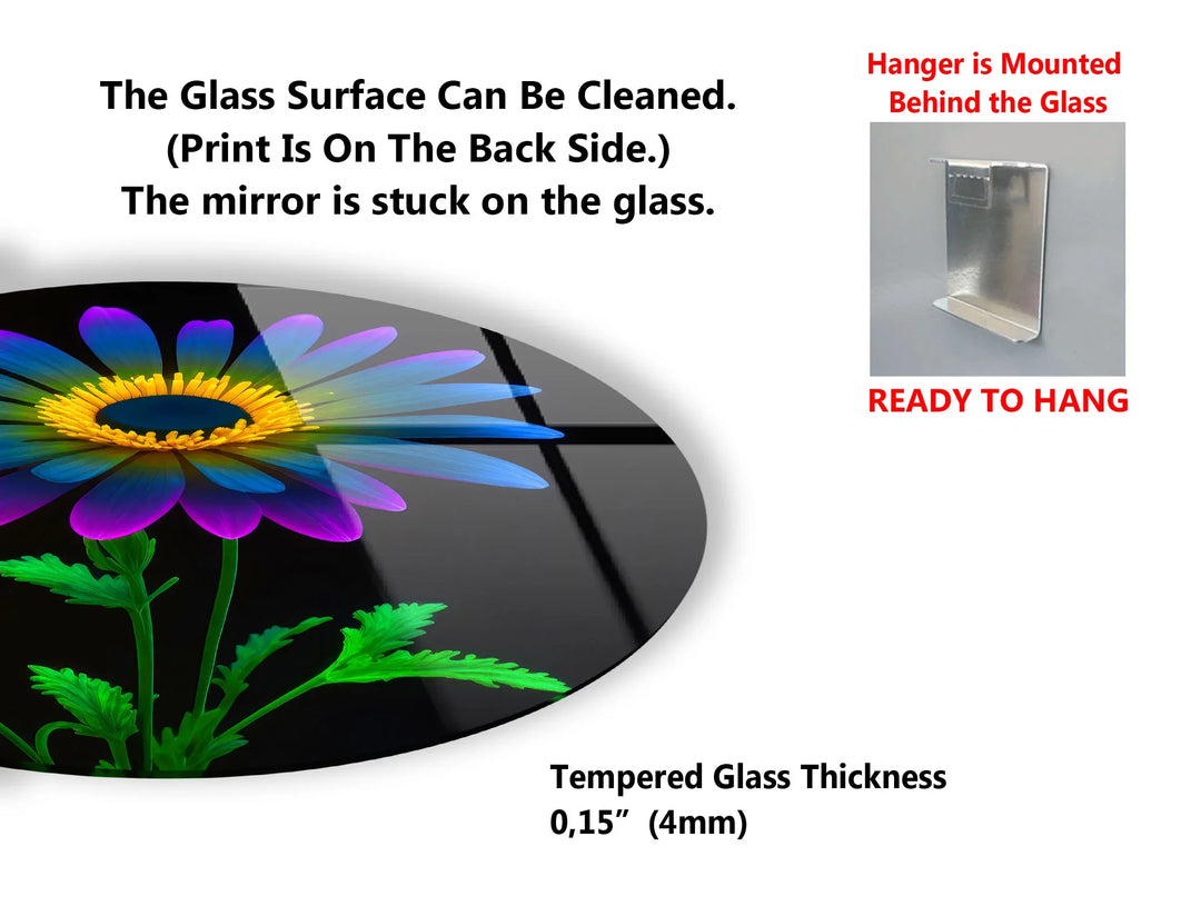 Neon Daisy Flower Wall Art – Round Glass Print with Black Background, Colorful Petals & Green Stem - MyPhotoStation