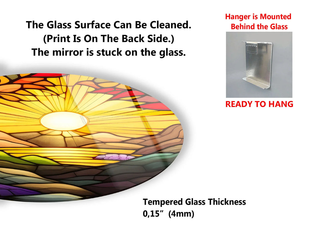 Sunrise Landscape Wall Art – Vibrant Round Stained Glass Style Glass Print for Living Room or Entryway - MyPhotoStation