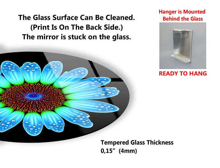Blue Daisy Flower Wall Art – Round Modern Floral Glass Print with Water Droplets - MyPhotoStation
