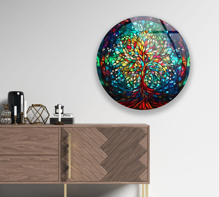 Runde Wandkunst mit Lebensbaum – Farbenfrohes Glasmalerei-Druckdesign