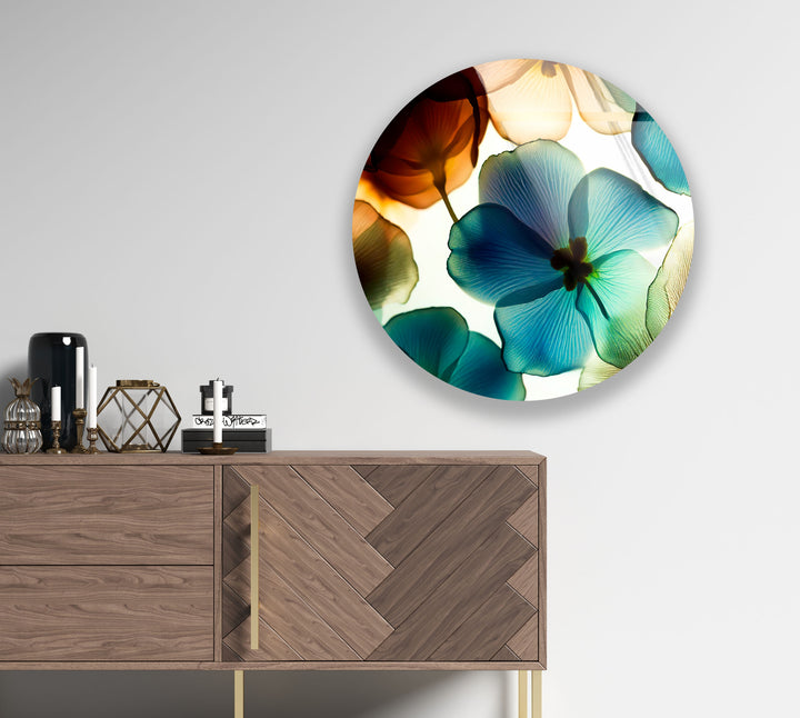 Translucent Floral Glass Wall Art – Round Botanical Print for Modern Decor
