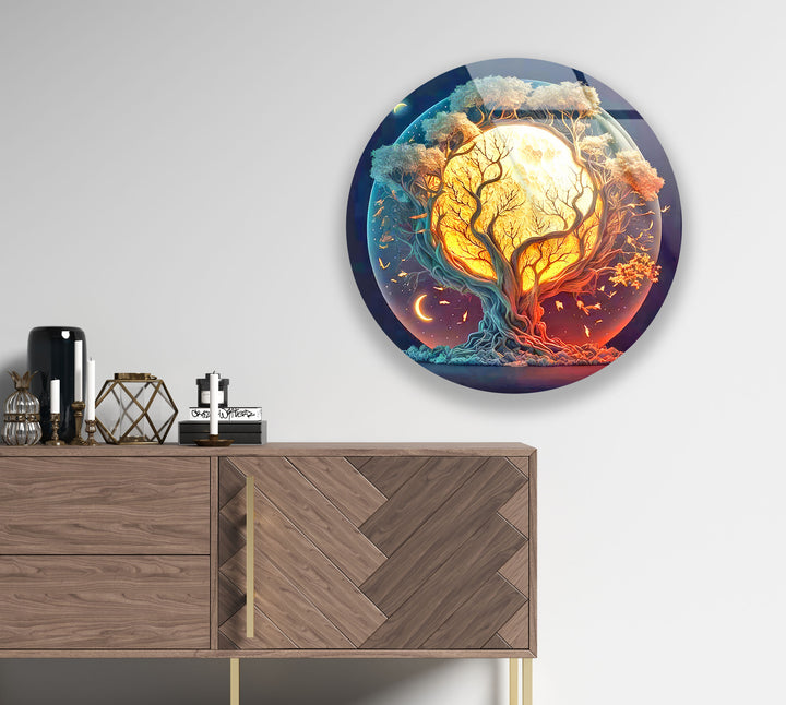 Mystische Mondbaum-Wandkunst – Runder Glasdruck mit Tag- und Nacht-Design