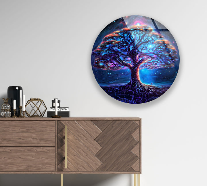 Galaxy Tree of Life Round Glass Wall Art – Mystical Cosmic Home Decor