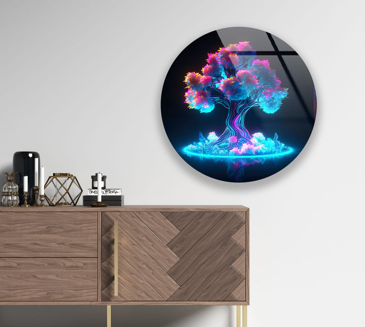 Neon Fantasy Tree Wall Art – Futuristic Round Glass Wall Decor for Modern Spaces