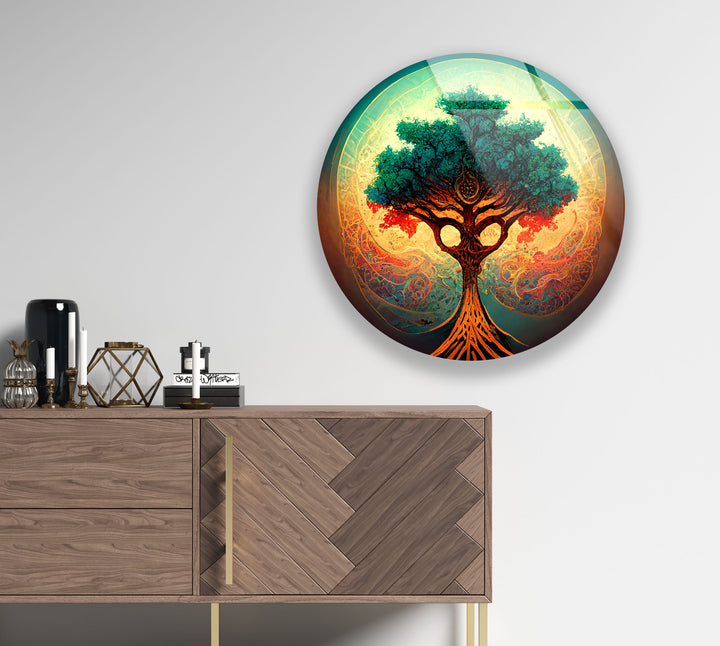 Mystical Tree of Life Round Wall Art – Vibrant Abstract Glass Decor for Modern Homes
