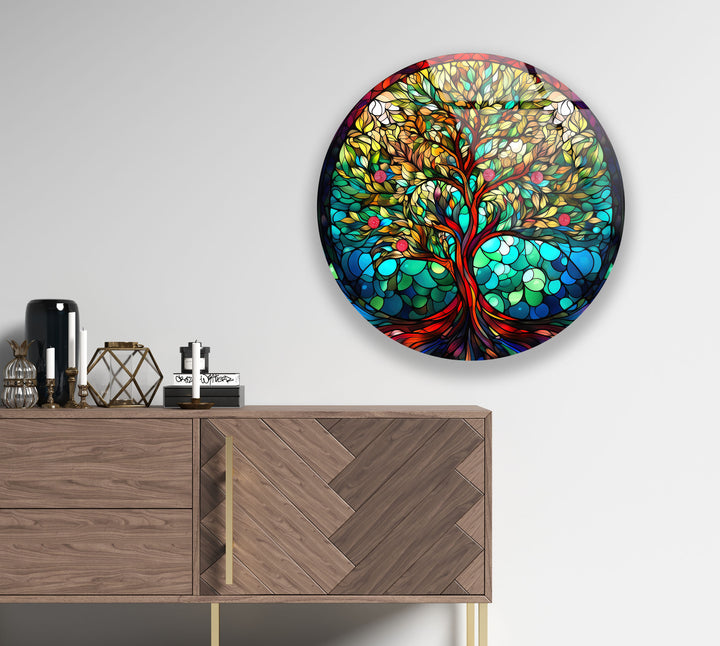Fruchtbarer Lebensbaum Wandkunst – Rundes Buntglas-Druckdesign