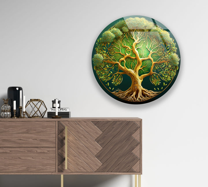 Lush Green Tree of Life Round Wall Art – Nature Inspired Glass Wall Decor