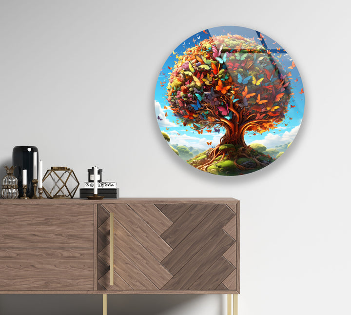 Butterfly Tree of Life Round Glass Wall Art – Vibrant Nature Decor for Living Room