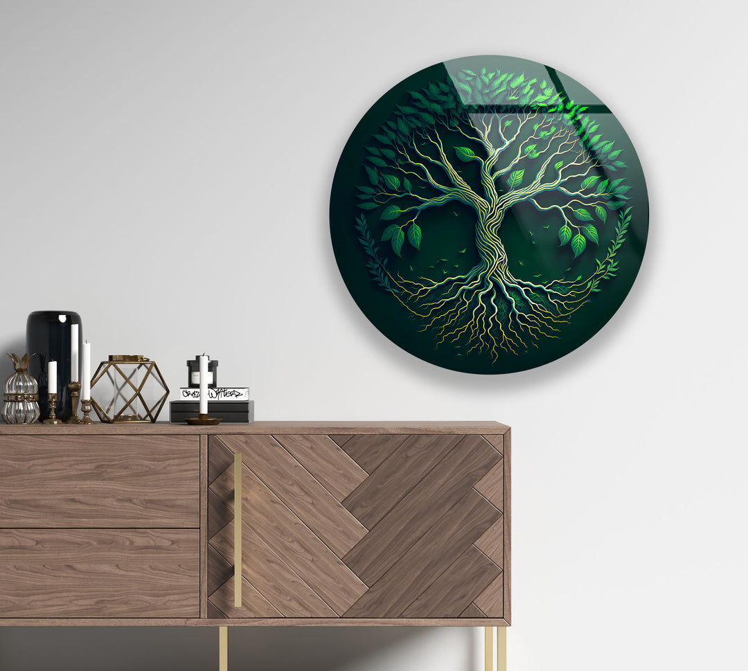 Green Tree of Life Wall Art – Round Glass Wall Decor for Modern Spaces