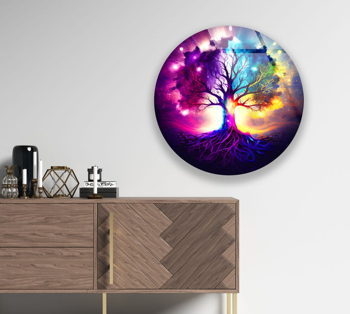 Galaxy Tree of Life Wall Art – Vibrant Round Glass Wall Decor for Home & Office