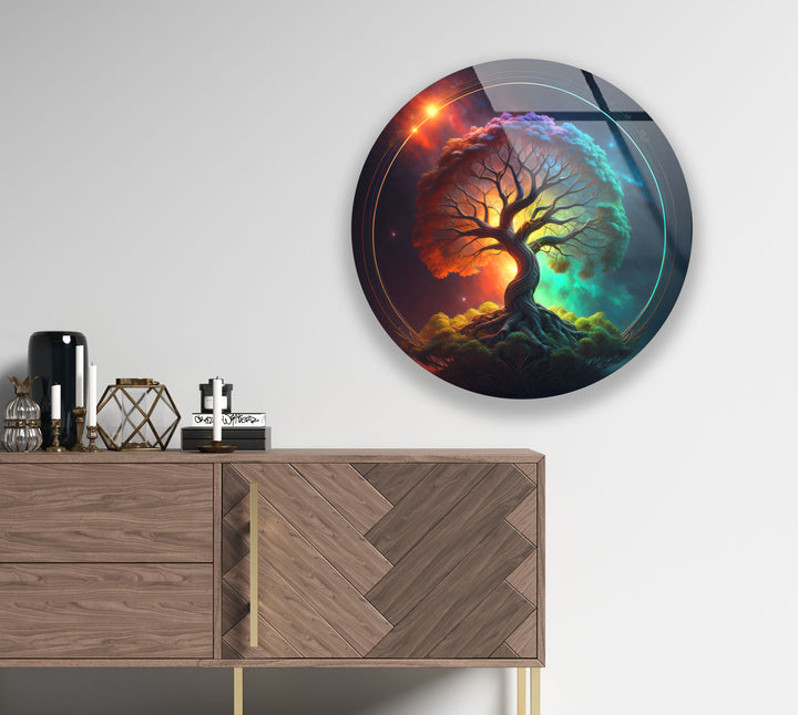 Cosmic Tree of Life Wall Art – Vibrant Round Glass Wall Decor for Modern Spaces