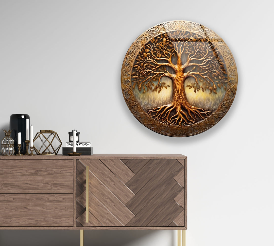 Golden Tree of Life Round Glass Wall Art – Celtic Inspired Spiritual Decor