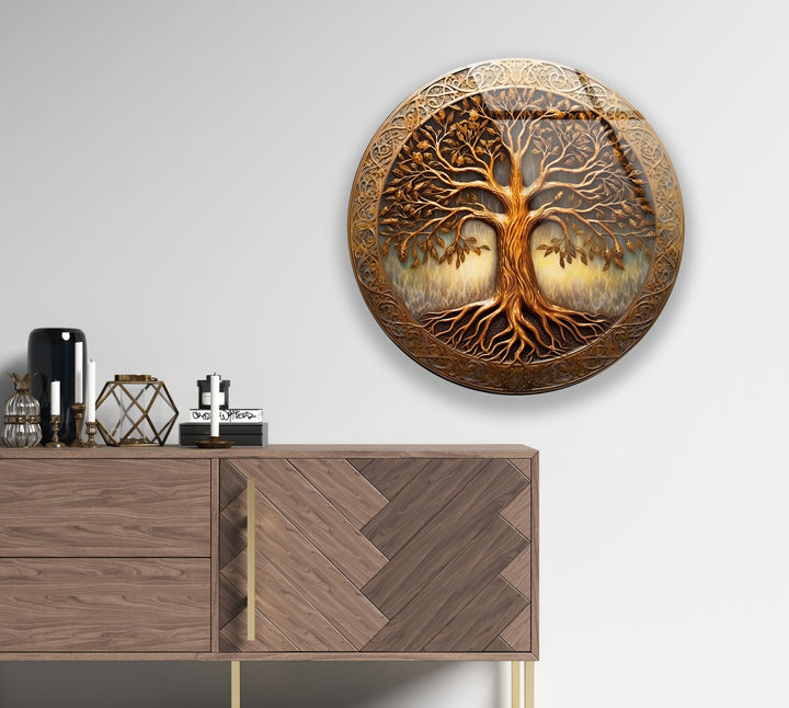 Golden Tree of Life Round Glass Wall Art – Celtic Inspired Spiritual Decor