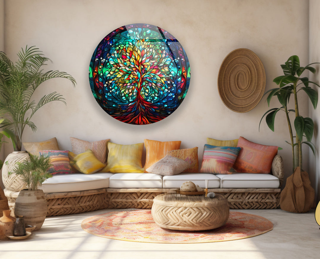 Runde Wandkunst mit Lebensbaum – Farbenfrohes Glasmalerei-Druckdesign