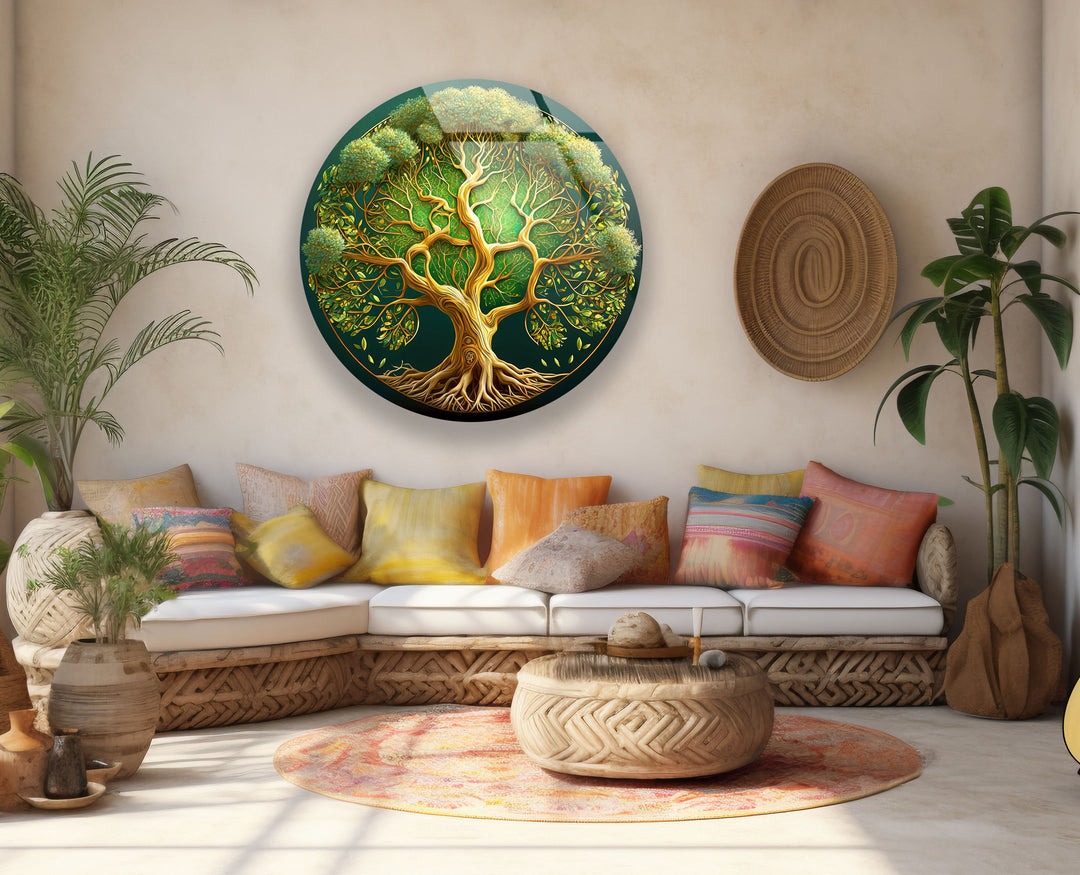 Lush Green Tree of Life Round Wall Art – Nature Inspired Glass Wall Decor