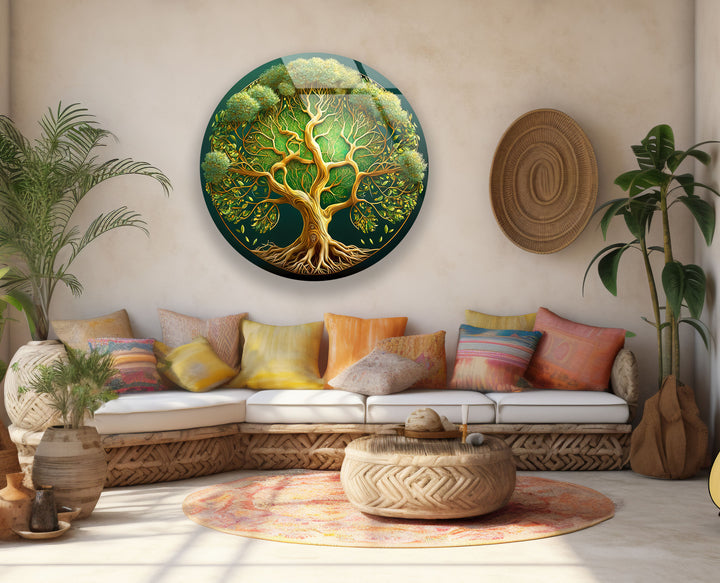 Lush Green Tree of Life Round Wall Art – Nature Inspired Glass Wall Decor