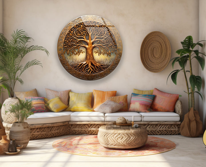Golden Tree of Life Round Glass Wall Art – Celtic Inspired Spiritual Decor