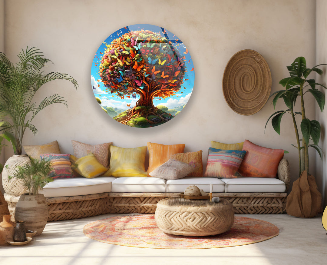 Butterfly Tree of Life Round Glass Wall Art – Vibrant Nature Decor for Living Room