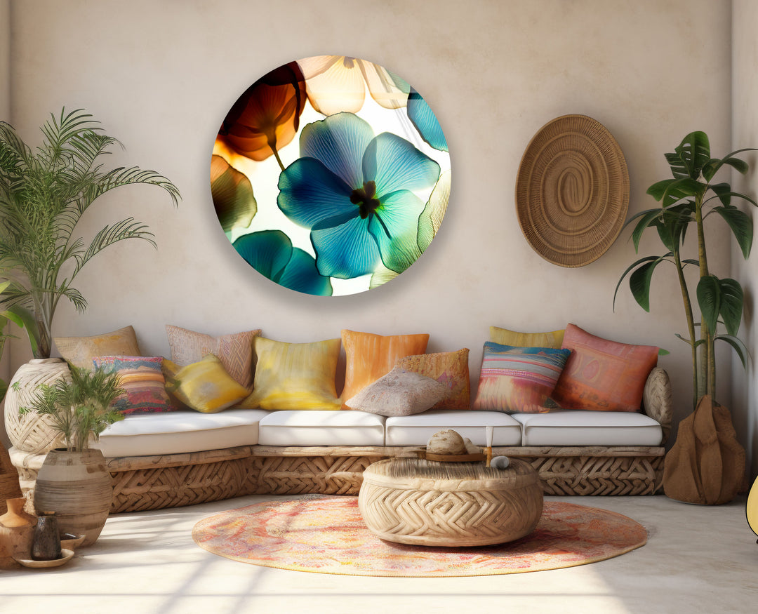 Translucent Floral Glass Wall Art – Round Botanical Print for Modern Decor